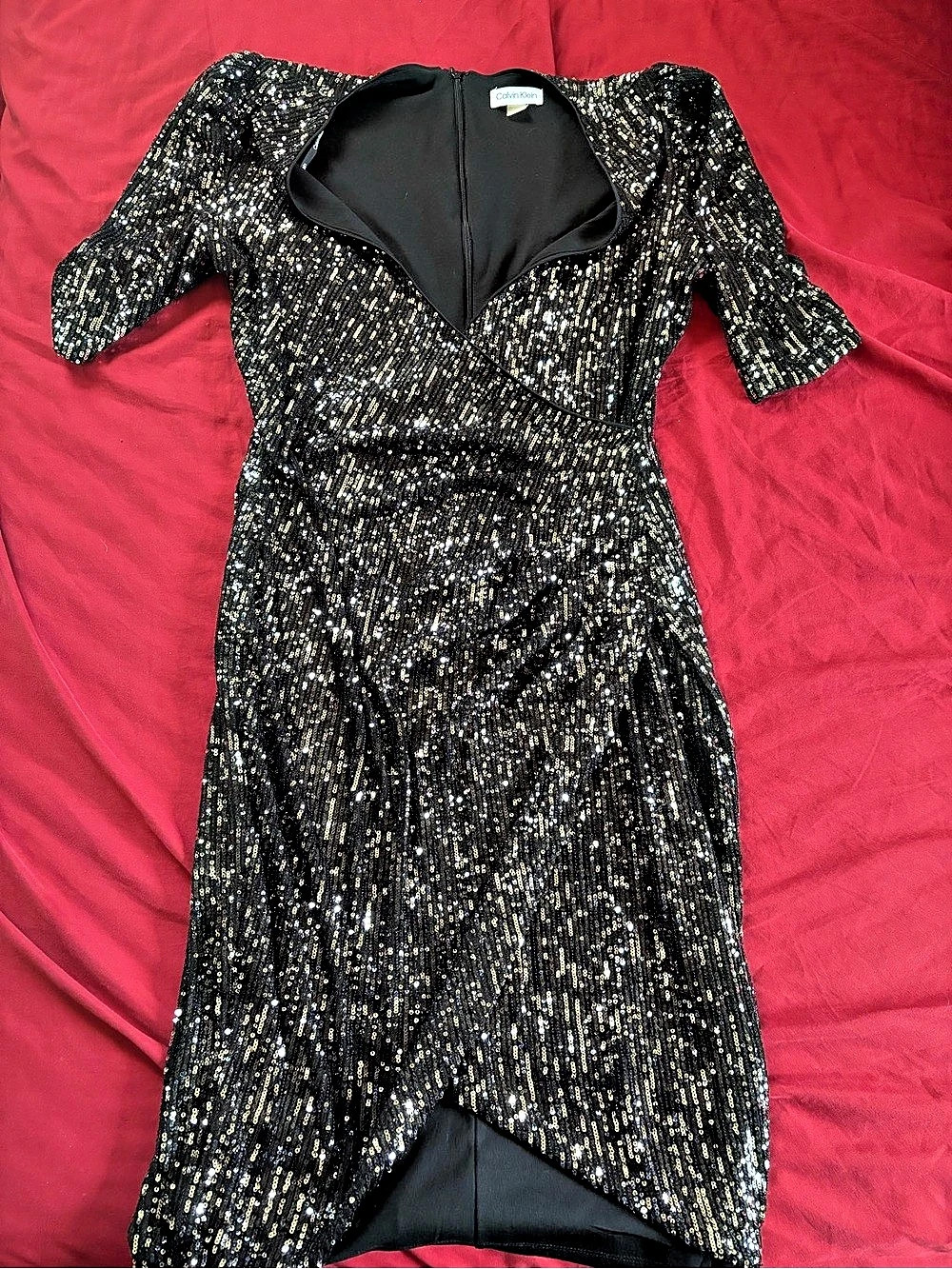 Calvin Klein Sequin Midi Dress in Black & Gold Size 10 Like New
